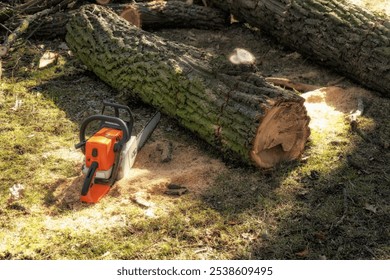 Chainsaw on the ground near a cut tree trunk. Arborist. Arboriculture. - Powered by Shutterstock