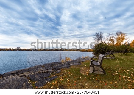 Chair bench in front of a lake sea fall leaves on the floor blur water blue sky fall view orange brown red leaves yellow leaves quiet place falla autumn picture landscape in front lake quiet place