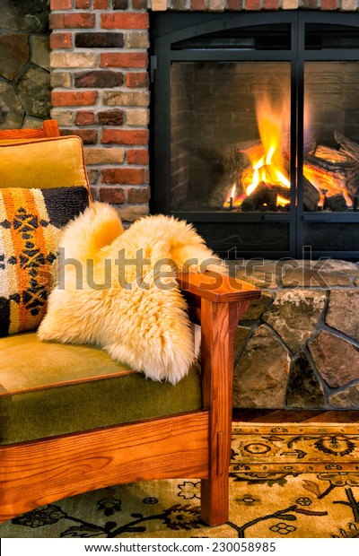 Chair By Cozy Fireplace Crackling Fire Stock Image Download Now