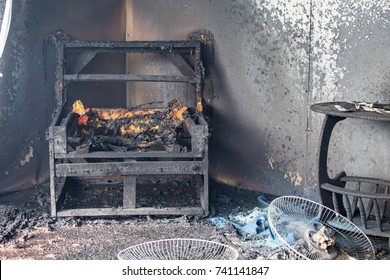 Chair And Furniture In House After Burned By Fire With Smoke And Dust In Burn Scene Of Arson Investigation Course