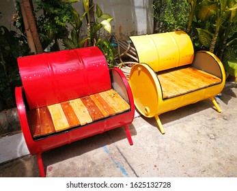 The chair is made from a colorful oil tank. - Shutterstock ID 1625132728