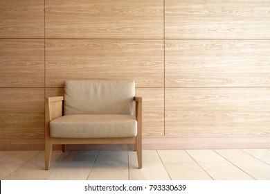 A chair modern wood frame with wooden wall for copy space. Minimal interior