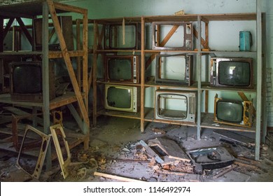 Chair And Old TV In Pripyat Ghost Town, Chernobyl Nuclear Power Plant Zone Of Alienation, Ukraine