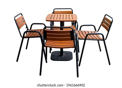 Chair and table set, isolated on white background. Wooden garden furniture, modern table, and chairs on tile pavement floor, outside. vintage cafe in loft style, black deck at a coffee shop, outdoor