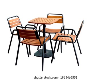 Chair And Table Set Isolated On White Background, Outside. Wooden Garden Furniture, Modern Table And Chairs On Tile Pavement Floor. Vintage Cafe In Loft Style, Coffee Shop  Backyard, Outdoor
