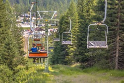 Chairlift Ski Lift In European Alps Leading To Mountain Station. Transporting Hikers In Summer Season.