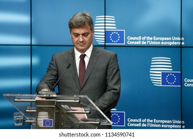 Chairman Of The Council Of Ministers Of Bosnia And Herzegovina, Denis Zvizdic Speaks To Reporters During A Briefing On July 13, 2018 In Brussels, Belgium