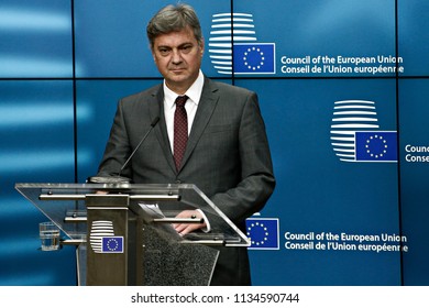 Chairman Of The Council Of Ministers Of Bosnia And Herzegovina, Denis Zvizdic Speaks To Reporters During A Briefing On July 13, 2018 In Brussels, Belgium