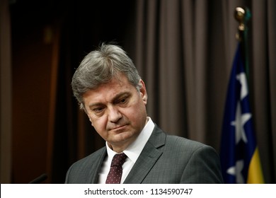 Chairman Of The Council Of Ministers Of Bosnia And Herzegovina, Denis Zvizdic Speaks To Reporters During A Briefing On July 13, 2018 In Brussels, Belgium