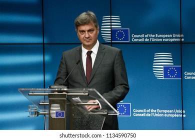 Chairman Of The Council Of Ministers Of Bosnia And Herzegovina, Denis Zvizdic Speaks To Reporters During A Briefing On July 13, 2018 In Brussels, Belgium