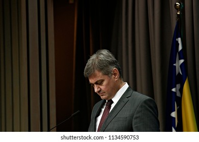 Chairman Of The Council Of Ministers Of Bosnia And Herzegovina, Denis Zvizdic Speaks To Reporters During A Briefing On July 13, 2018 In Brussels, Belgium