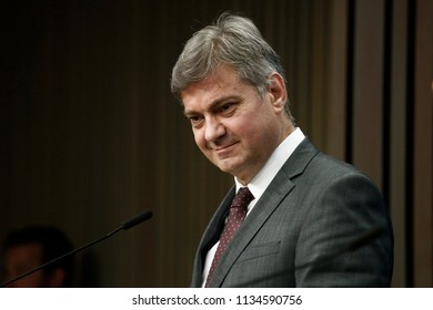 Chairman Of The Council Of Ministers Of Bosnia And Herzegovina, Denis Zvizdic Speaks To Reporters During A Briefing On July 13, 2018 In Brussels, Belgium