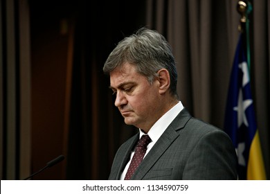 Chairman Of The Council Of Ministers Of Bosnia And Herzegovina, Denis Zvizdic Speaks To Reporters During A Briefing On July 13, 2018 In Brussels, Belgium