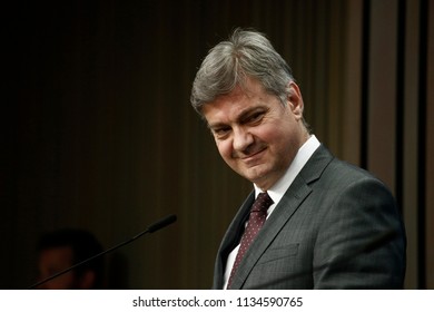 Chairman Of The Council Of Ministers Of Bosnia And Herzegovina, Denis Zvizdic Speaks To Reporters During A Briefing On July 13, 2018 In Brussels, Belgium