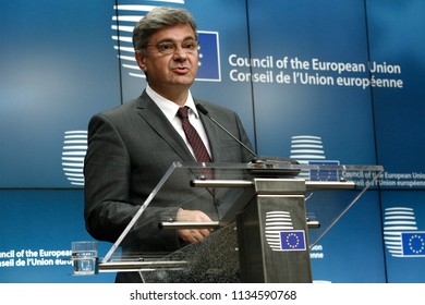 Chairman Of The Council Of Ministers Of Bosnia And Herzegovina, Denis Zvizdic Speaks To Reporters During A Briefing On July 13, 2018 In Brussels, Belgium