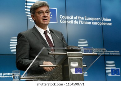 Chairman Of The Council Of Ministers Of Bosnia And Herzegovina, Denis Zvizdic Speaks To Reporters During A Briefing On July 13, 2018 In Brussels, Belgium