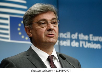 Chairman Of The Council Of Ministers Of Bosnia And Herzegovina, Denis Zvizdic Speaks To Reporters During A Briefing On July 13, 2018 In Brussels, Belgium