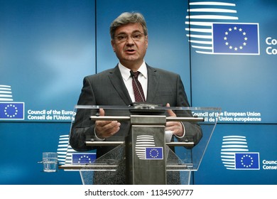 Chairman Of The Council Of Ministers Of Bosnia And Herzegovina, Denis Zvizdic Speaks To Reporters During A Briefing On July 13, 2018 In Brussels, Belgium