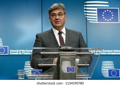 Chairman Of The Council Of Ministers Of Bosnia And Herzegovina, Denis Zvizdic Speaks To Reporters During A Briefing On July 13, 2018 In Brussels, Belgium