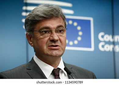 Chairman Of The Council Of Ministers Of Bosnia And Herzegovina, Denis Zvizdic Speaks To Reporters During A Briefing On July 13, 2018 In Brussels, Belgium