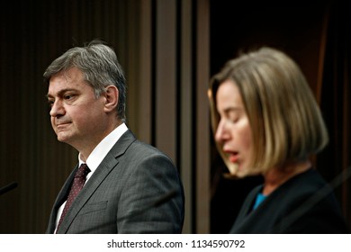 Chairman Of The Council Of Ministers Of Bosnia And Herzegovina, Denis Zvizdic Speaks To Reporters During A Briefing On July 13, 2018 In Brussels, Belgium