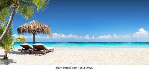 Sillas Y Paraguas En Palm Beach - Banner De Vacaciones Tropicales
