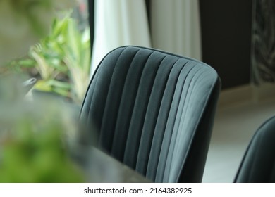 
Chairs With Velvet Texture, Curtains And Table In Modern Dining Room. Natural View From Aluminum Framed Glass Windows Or Door. Luxury Furniture For Interior Design, Home, Living Website. Yard Garden