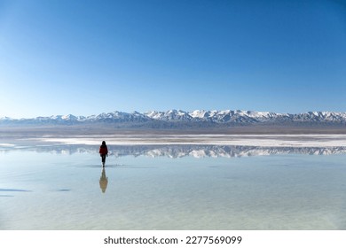 Chaka Salt Lake in Qinghai, the sky is pure, and there are continuous snow-capped mountains in the distance. A woman is walking alone on the lake, and the lake water reflects the sky, snow-capped moun - Powered by Shutterstock