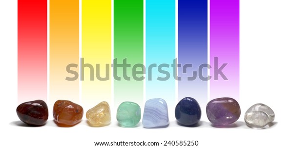 Chakra Healing Crystals - Row of chakra colored tumbled gem stones in a row on a white background with the corresponding chakra color above each stone