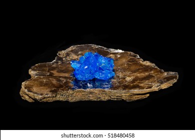 chalcanthite (blue vitriol or copper sulfate) crystal on a slab of mica; isolated on black - Shutterstock ID 518480458