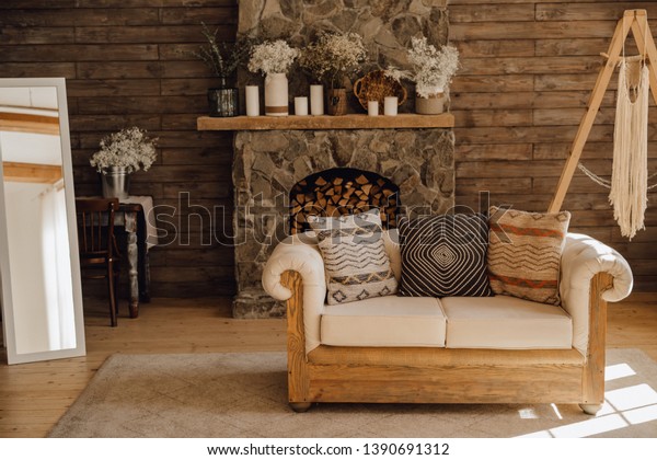 Chalet Cozy Interior Wooden Sofa Fireplace Stock Photo Edit Now