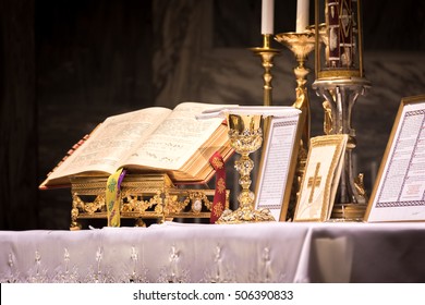 Chalice and ciborium on the altar during the traditional latin mass.