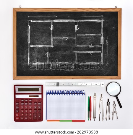 chalk board with drawing blueprint and business elements