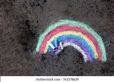  Chalk Drawing On Asphalt: Colorful Rainbow