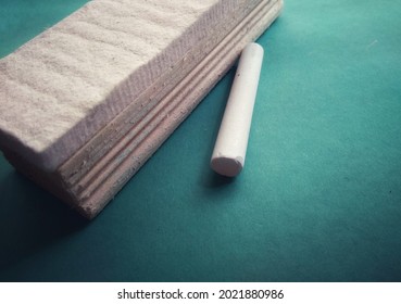 Chalk And Duster Or Eraser On The Green Background. Method Of Education, Teaching. Teaching Method, Education System, India.