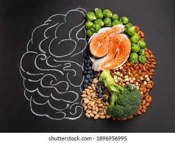 Chalk hand drawn brain with assorted food, food for brain health and good memory: fresh salmon fish, green vegetables, nuts, berries on black background. Foods to boost brain power, top view - Shutterstock ID 1896956995