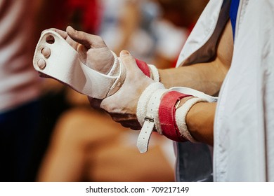 Chalk In Hands Grips Of Male Gymnast Athlete