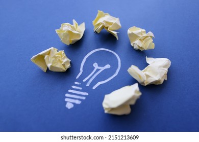 Chalk Lightbulb With Crumpled Papers, Creativity And Inspiration