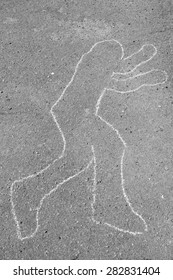 Chalk Outline Of Body Dead On Pavement