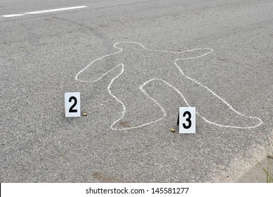 Chalk Outline Of Human Body On The Street
