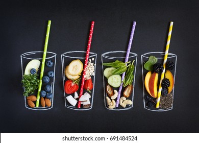 Chalk Painted Glass With Fresh Food Ingredients For Blending Smoothie On Chalkboard.