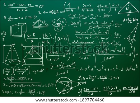 Chalk scribbles on a math board. Blackboard, formulas, shapes, geometry. The concept of education. Illustrations can be used to return to the school topic, algebra, natural sciences