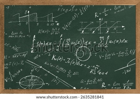 Chalk scribbles on a math board. Blackboard, formulas, shapes, geometry. The concept of education. Illustrations can be used to return to the school topic, algebra, natural sciences