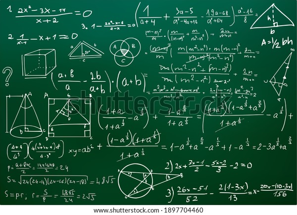Chalk
scribbles on a math board. Blackboard, formulas, shapes, geometry.
The concept of education. Illustrations can be used to return to
the school topic, algebra, natural
sciences