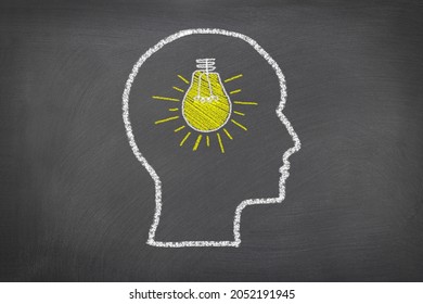 A chalk sketch on a blackboard of a human head and lightbulb that represents thoughts and ideas, for use as any science theme or consideration of how humans think. - Shutterstock ID 2052191945