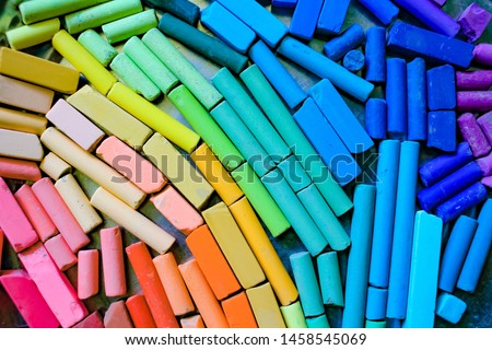 Chalk stick various colors close up, rainbow colorful chalk pastel for preschool children, kid stationary for art painting education, equality or lgbt gay pride flag or beautiful life concept