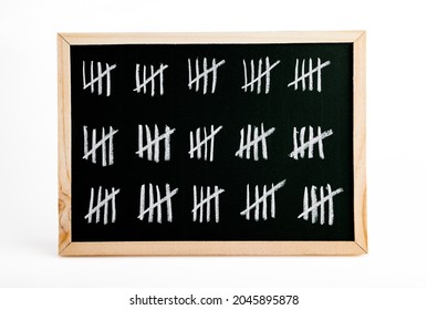 Chalk Tally Number Counting Mark on small wooden chalkboard background