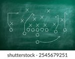 Chalkboard with american football game scheme and rugby ball, top view. Road to Championship with the best Football playbook. Route running.