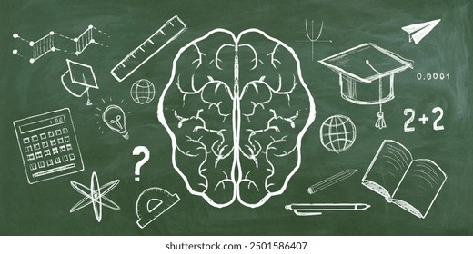 Chalkboard background with doodles of educational icons, including a brain, calculator, books, and science symbols. Concept of learning and education - Powered by Shutterstock