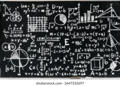 A chalkboard covered with a variety of mathematical equations, graphs, geometric shapes, and scientific notations. Perfect for education, science, learning, or academic-related content. - Powered by Shutterstock - Get 15% off with code: PIKWIZARD15